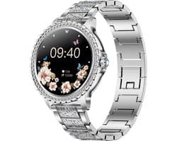 Stijl Ontmoet Slimheid: Knobbout 1.32” Smartwatch met Diamanten – Voor Vrouwen die Stralen! Bluetooth Bellen, Gezondheidstracker & AI Assistent- Zilver staal talen band met kristallen + extra siliconen band