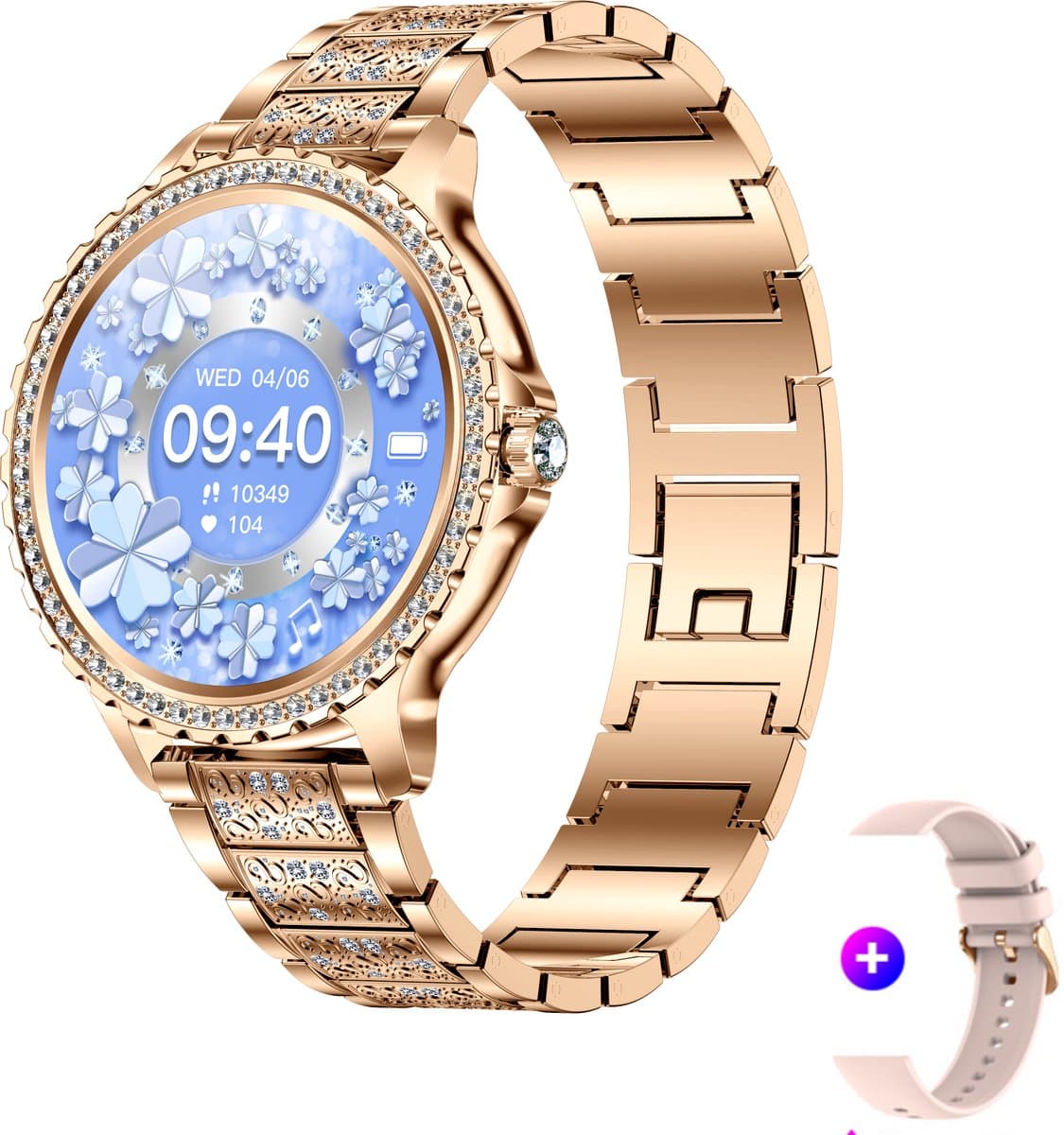 Stijl Ontmoet Slimheid: Knobbout 1.32” Scherm Roségouden Smartwatch met Diamanten – Voor Vrouwen die Stralen! Bluetooth Bellen, Gezondheidstracker & AI Assistent- Roségouden talen band met kristallen + extra siliconen band — afbeelding 1