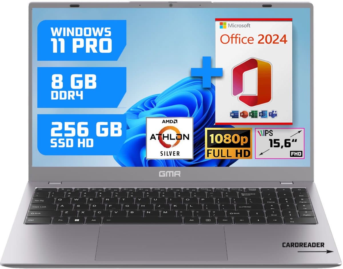 GMR 15.6" Full HD Laptop - 8GB RAM / 256GB SSD - AMD Athlon Silver - Win 11 Pro + Office 2024 - Thuis, Office & Studie — afbeelding 1