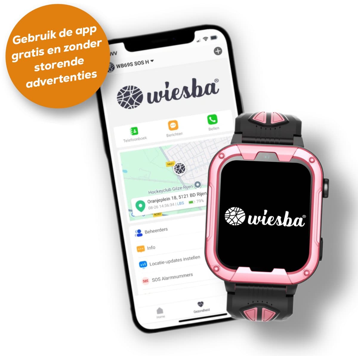 Wiesba WB40 - smartwatch kinderen - gps horloge kind - kinderhorloge bellen - gps tracker kinderhorloge - kinderhorloge met gps - kinderhorloge - Roze — afbeelding 1