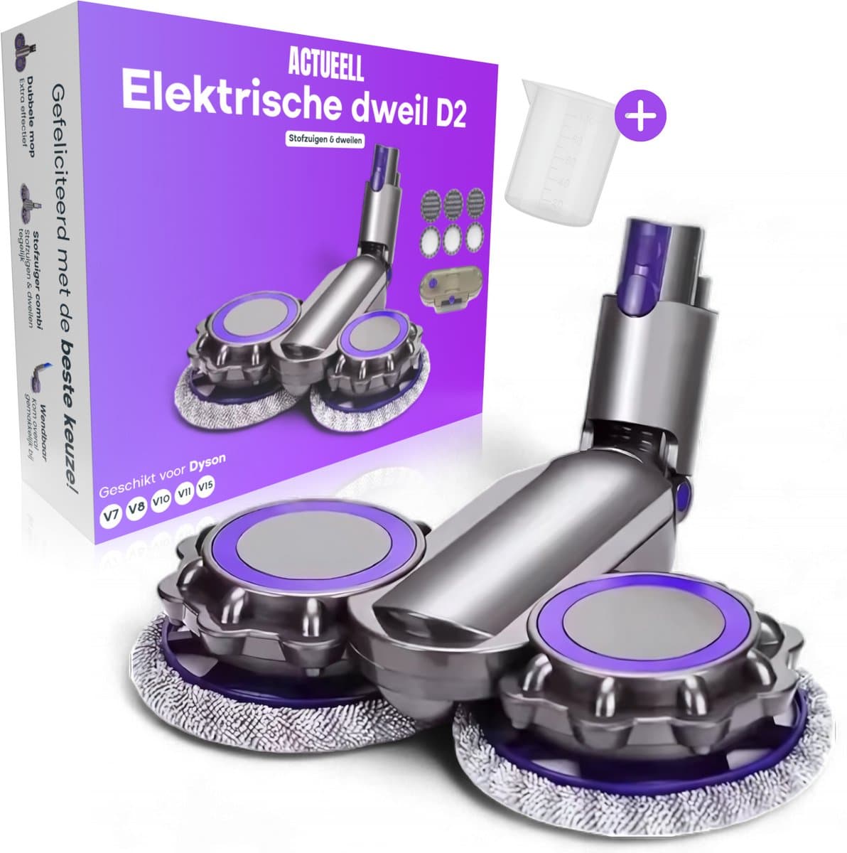 Actueell® Elektrische vloerwisser D2 Geschikt voor Dyson V7 V8 V10 V11 V15 Steelstofzuiger – Mop Dweil Opzetstuk – Stofzuigermond – Vloermop – Nat & Droog – Inclusief 6 Dweil Pads – Materiaal ABS + Fiber – Paars — afbeelding 1
