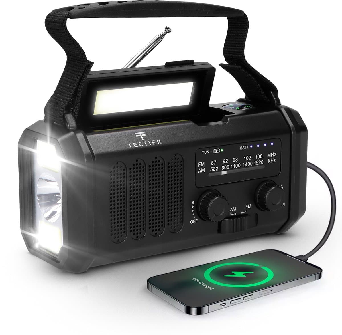 Tectier Noodradio Solar Opwindbaar - 10000 mAh - Zaklamp en Kompas — afbeelding 1