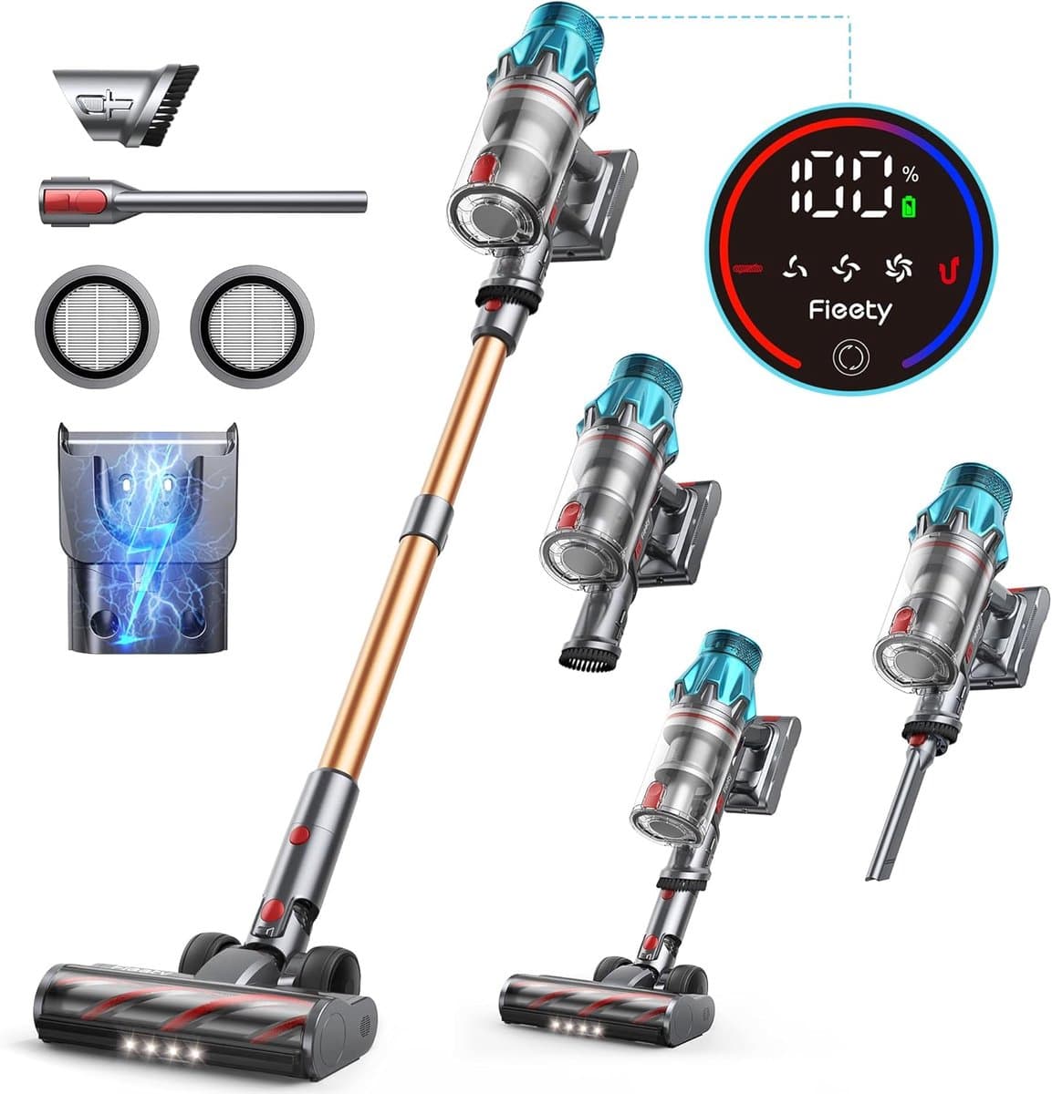 Luxe Steelstofzuiger – Draadloos – Stofzuiger zonder Zak op Accu – Tapijtreiniger – Vacuum Cleaner Wireless – 550W – Grijs/Rood — afbeelding 1