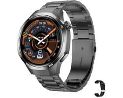 Knobbout 1.53" Scherm Stijlvolle Sport Smartwatch – NFC- Kompas, Hoogtemeter, Barometer-Bluetooth Bellen - Draadloos Opladen - hartslag, bloeddruk, zuurstofgehalte (SpO₂) - AI Assistent - medicatie innemen alert - Zwart staal + Siliconen Band