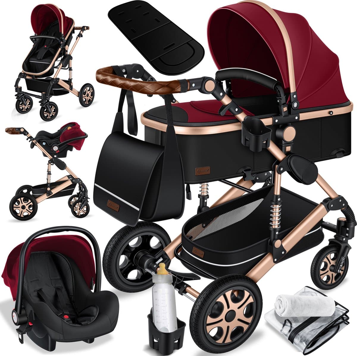 KESSER® Kinderwagen 3 in 1 Loops Wandelwagen Set incl. Autostoel & Reiswieg & Buggy Sportzitje - Massieve Rubberbanden - Luiertas / Regenhoes - Rood / Champagne — afbeelding 1