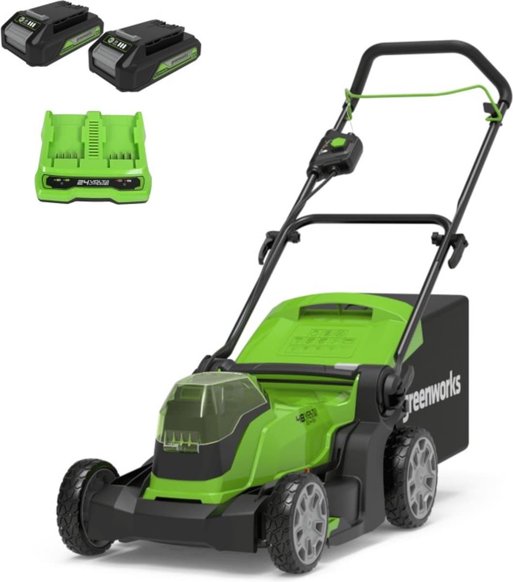 Greenworks 24+24volt=48 Volt accumaaier G24X2LM41, incl. 2x 2-AH Accu & lader — afbeelding 1
