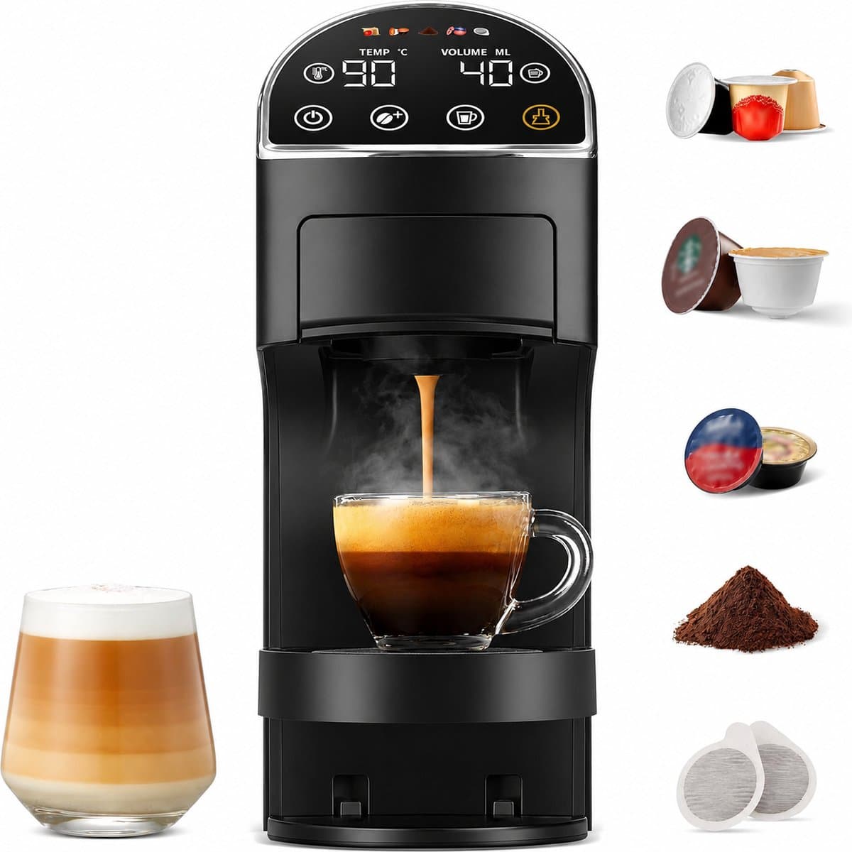 5-in-1 Koffiemachine voor Nespresso Original, Dolce Gusto, Lavazza A Modo Mio, ESE 44mm Pads & Gemalen Koffie, LED Touchscreen, Auto-Aanpassing, 20 Bar, Compact voor Thuis en Kantoor — afbeelding 1