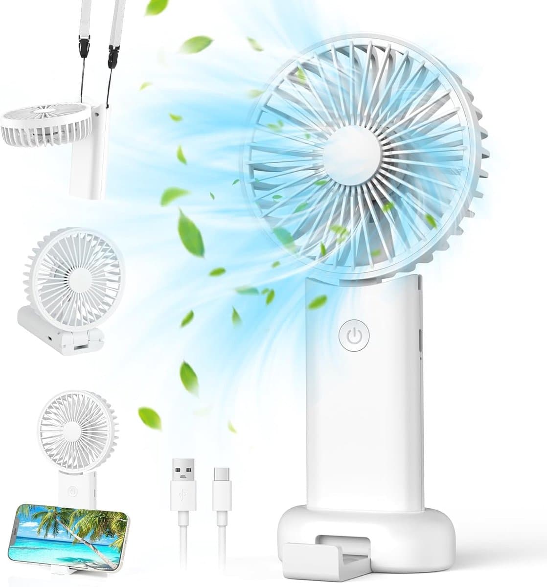 Mini draagbare ventilator, handventilator, kleine reisventilator, oplaadbare handventilator met 3 snelheden, persoonlijke ventilator voor buitengebruik, reizen, kantoor, kamperen (wit) — afbeelding 1