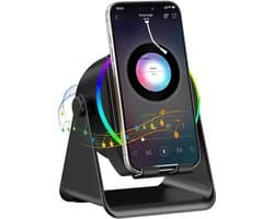Draadloze inductie Bluetooth luidspreker 5-in-1, 360° draaibare telefoonhouder en sfeerverlichting in diverse kleuren, geschikt voor iPhone, iPad, Android en tablets, perfect verjaardagscadeau voor mannen en vrouwen(zwart)