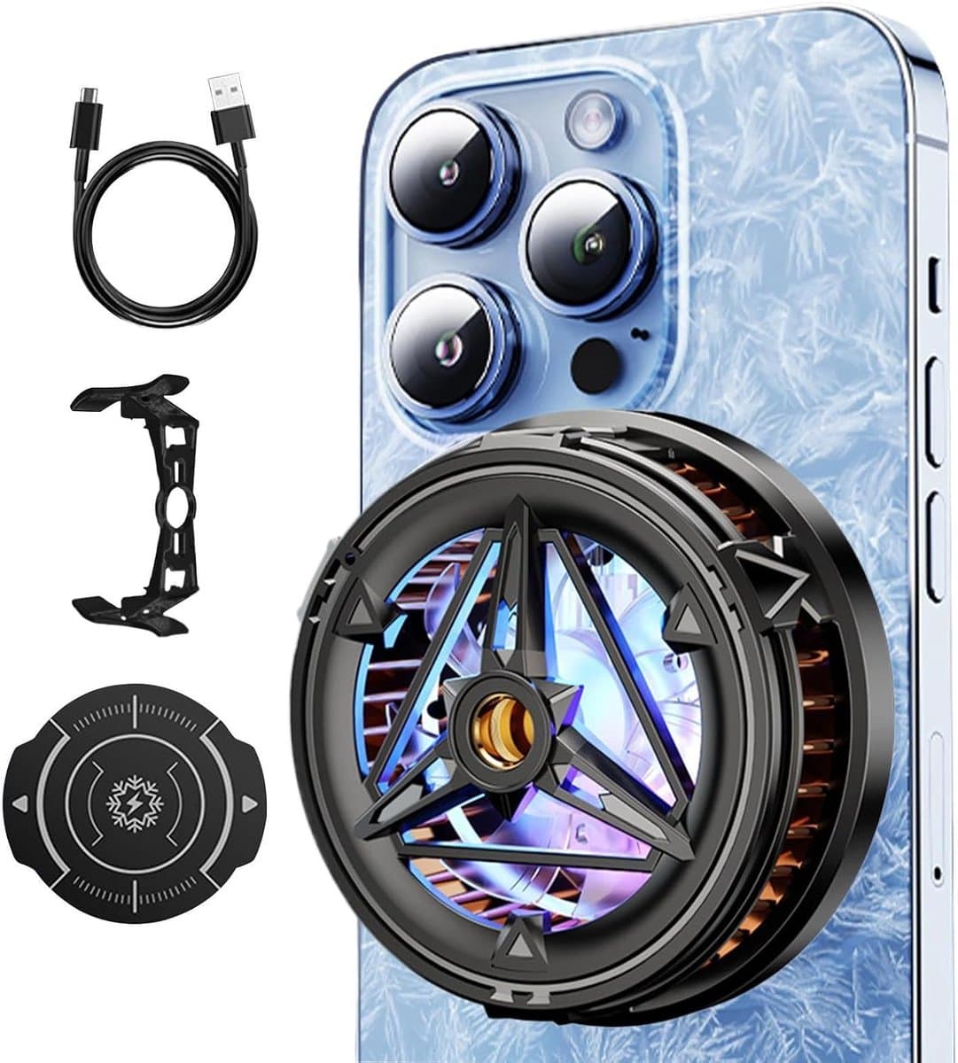 Mobiele telefoon koeler - oplaadbare ventilator - telefoon koeling met temperatuur display en licht, voor laptops tablet thuis vlogging outdoor live streaming spel mobiel — afbeelding 1