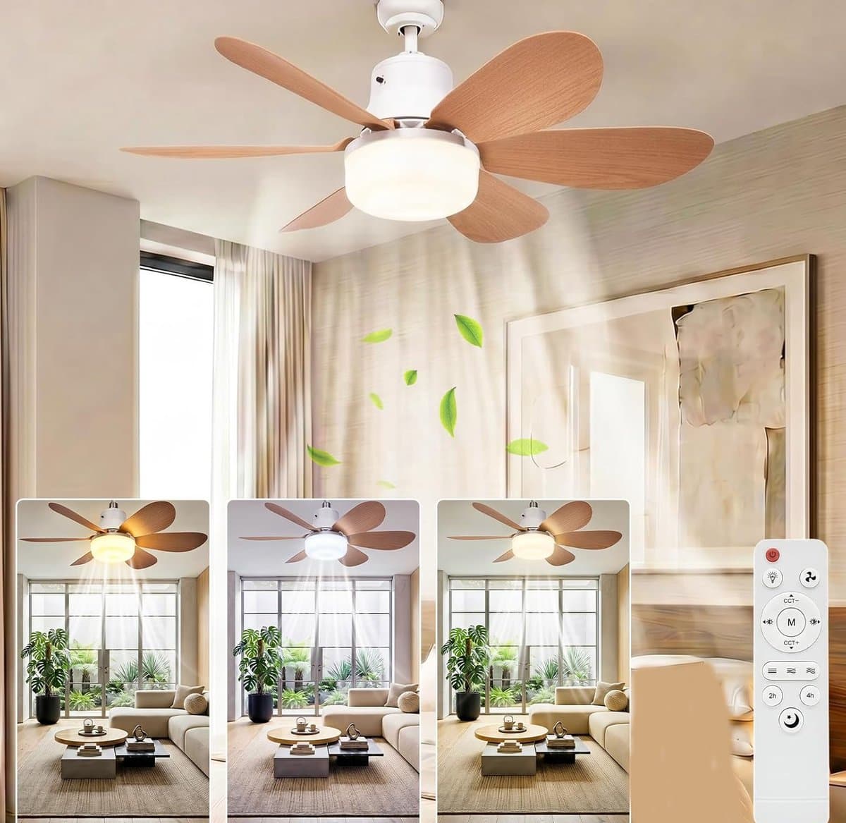 1 Plafondventilator met verlichting en afstandsbediening - 40W - 3 windsnelheden - 6 bladen - Dimbaar - Stille werking - Geschikt voor woonkamers en slaapkamers - Bladen met houtnerf — afbeelding 1