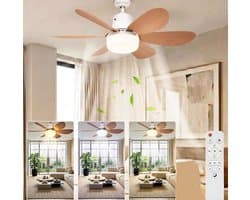 1 Plafondventilator met verlichting en afstandsbediening - 40W - 3 windsnelheden - 6 bladen - Dimbaar - Stille werking - Geschikt voor woonkamers en slaapkamers - Bladen met houtnerf