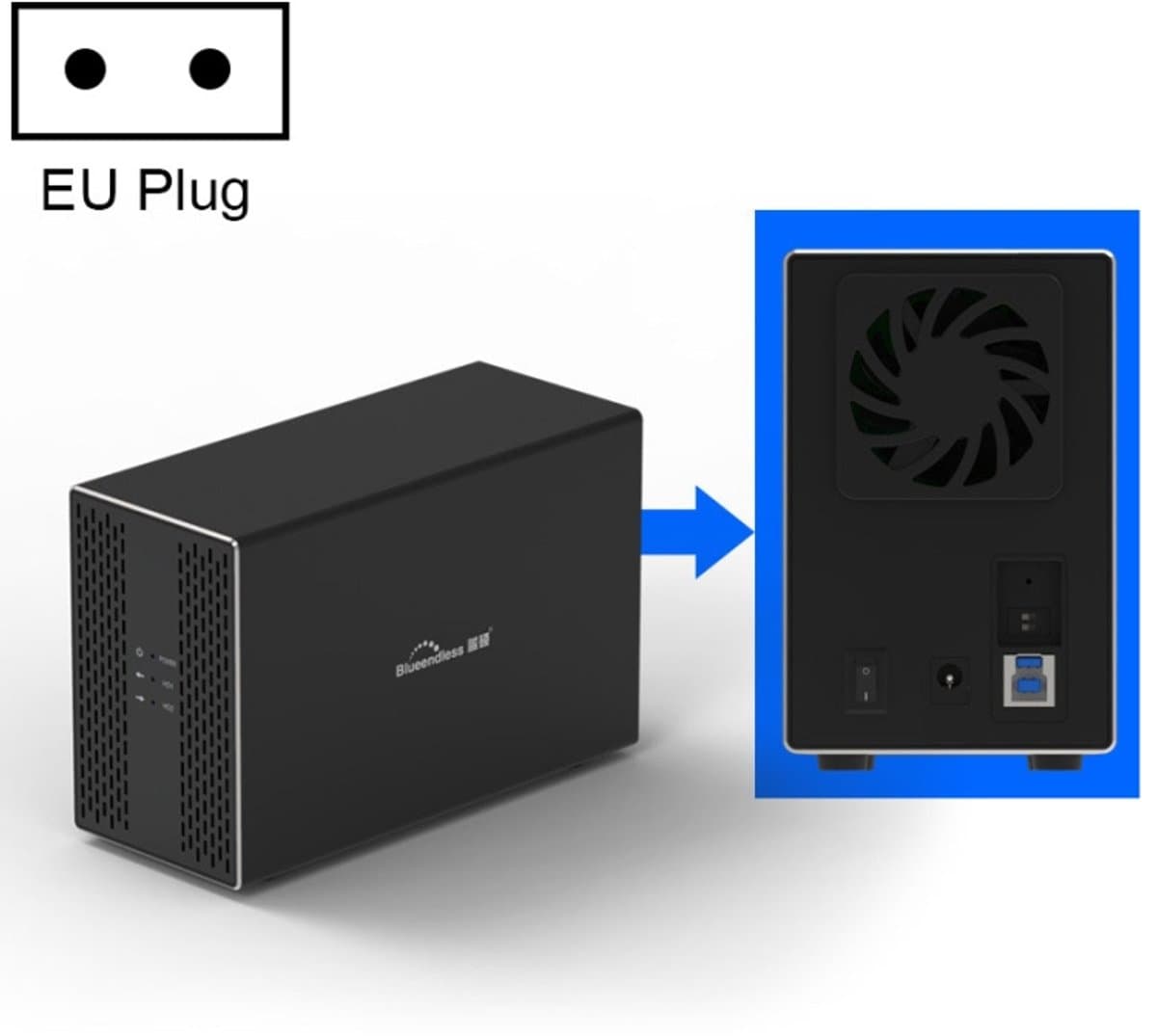 Blueendless USB-B-interface 3,5 inch 2 Bay RAID Combination Array HDD externe behuizing (EU-stekker) — afbeelding 1