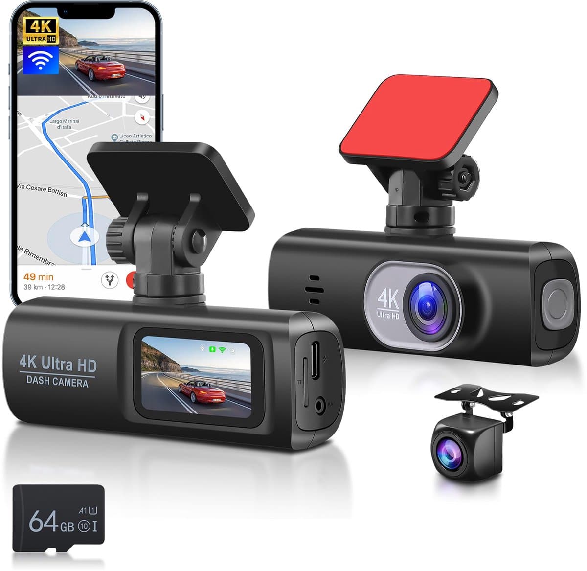 SnelShoppen - Hodozzy Dashcam Voor En Achter Auto, Dual Front En Binnenruimte Autocamera, FHD 1080p, 64G Kaart, 3,16 Inch IPS-Scherm, G-sensor, Parkee — afbeelding 1