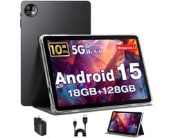 SnelShoppen - Tablet 10 Inch Android 15 met Hoes, Unisoc T30 Quad-Core, 18 GB RAM, 128 GB ROM, 1 TB TF, HD IPS-Scherm, 5MP + 8MP Camera, 6000 mAh, WiF