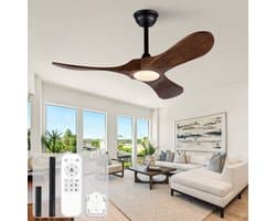 Plafondventilator 42 inch - met verlichting en afstandsbediening - 3 massief houten bladen - 6 snelheidsstanden - stille werking en 3CCT - geschikt voor woonkamer en slaapkamer
