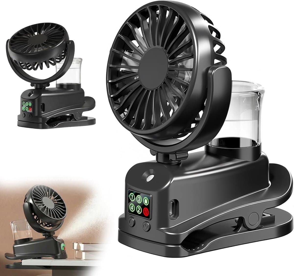 LISM-Mini USB-ventilator met clip, oplaadbare miniventilator met luchtbevochtiger, 4 snelheden, bureauventilator, mini draagbare bureauventilator Geschikt voor thuis of op kantoor (zwart). — afbeelding 1