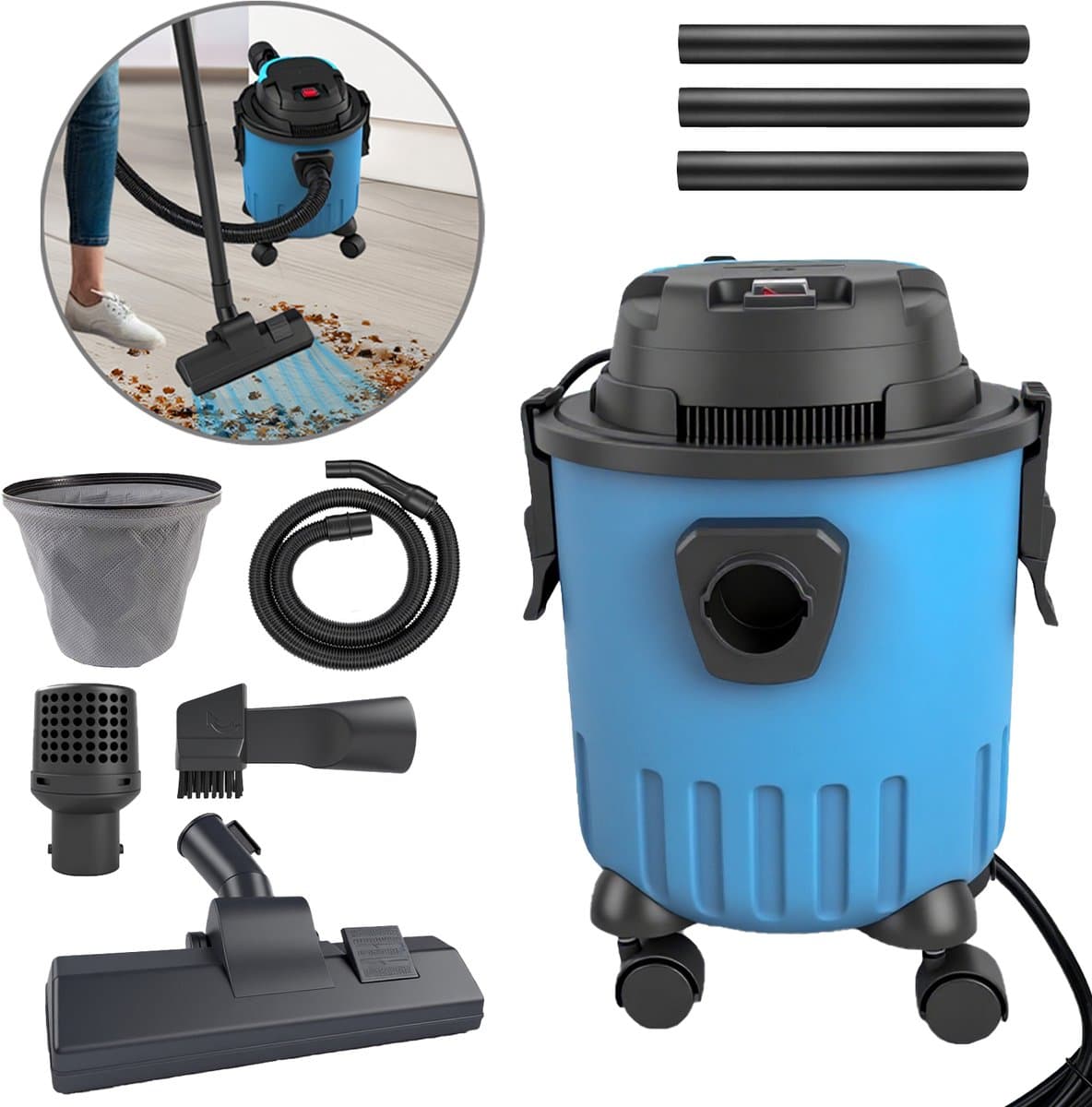 15L Nat en Droog Stofzuiger met Wielonderstel, Complete Accessoire Set – 5 Meter Kabel, Filter, Geluiddemper, Vloerborstel & Verlengbuizen voor Garage, Huis en Werkplaats — afbeelding 1