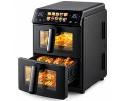 Just Perfecto Olievrije Heteluchtfriteuse – Digitale Airfryer met 2 Boven Elkaar Geplaatste Bereidingscompartimenten en Touchscreen, voor Gezond Frituren