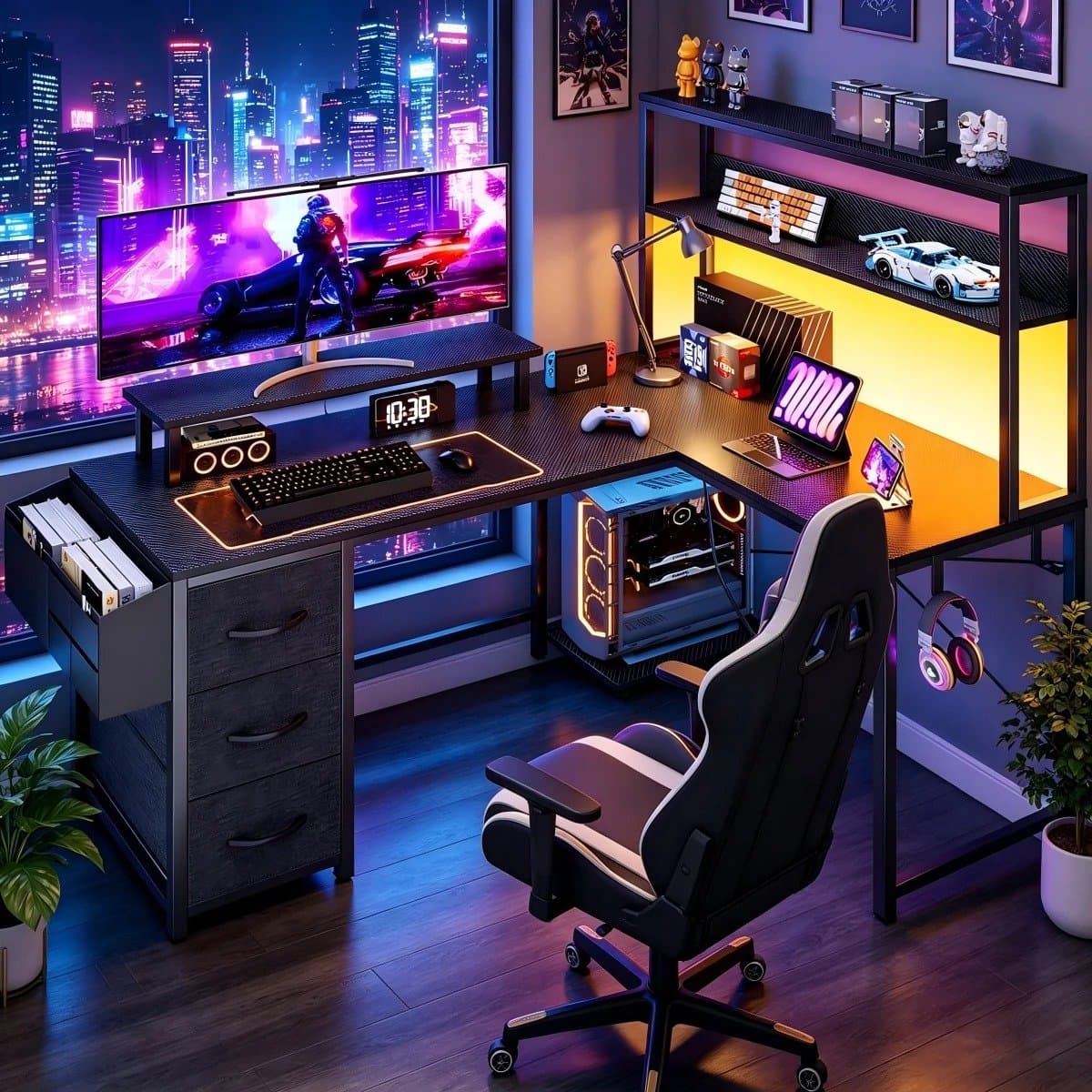 Parasha Nova Bureau - L-vormig bureau met opbergruimte - gamingbureau met LED-verlichting, computerbureau met stopcontact - hoekbureau met ladenkast en schermhouder — afbeelding 1
