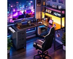 Parasha Nova Bureau - L-vormig bureau met opbergruimte - gamingbureau met LED-verlichting, computerbureau met stopcontact - hoekbureau met ladenkast en schermhouder