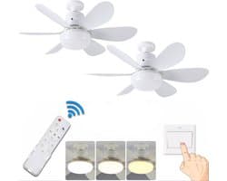 KZQ Plafondventilator - 2 Stuks - Wit Mat - Incl 15W Lamp - Licht Apart Schakelbaar - Afstandsbediening - Dimbaar - Traploos Instelbare Lichtkleur - Nachtlampje - 3 Snelheden