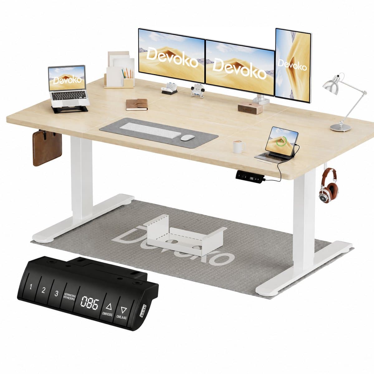 Devoko Elektrisch Zit-Sta Bureau 160x80 cm – 18 mm Dik Tafelblad – 3 Geheugenstanden – USB en Zit-alarm – Kabelmanagement – Wit frame met houtkleurig blad — afbeelding 1