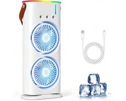 Draagbare mini-airco – 280 ml luchtkoeler, 4-in-1 draagbaar apparaat, 3 snelheden, 3 vernevelingsstanden, ledverlichting in 7 kleuren, USB-ventilator & luchtbevochtiger voor de slaapkamer