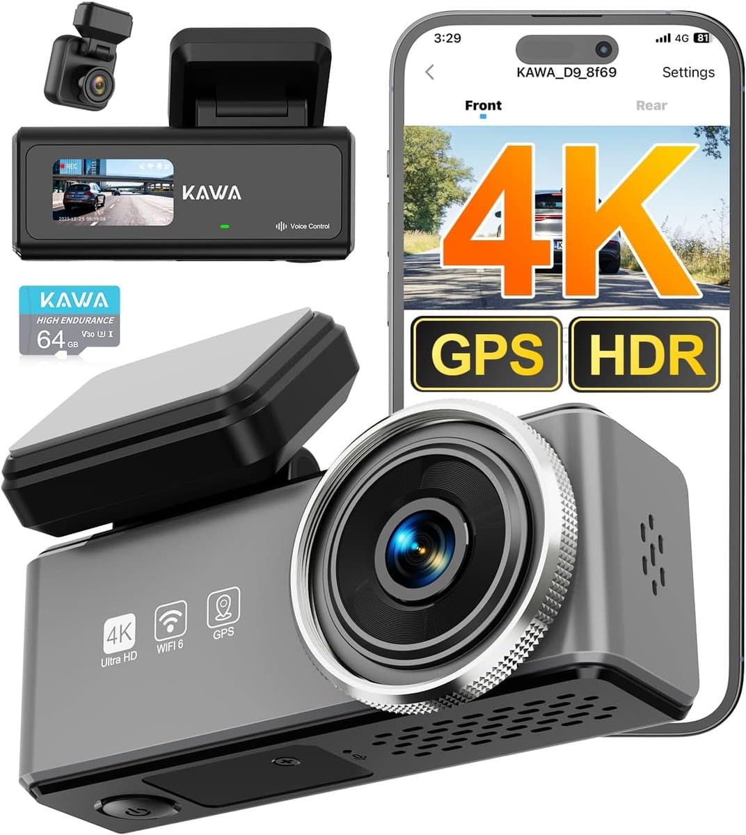 SnelShoppen - KAWA 2 Kanaal Dash Cam 4K + 1080P Voor- en Achterkant, Voice Control, GPS, 2K HDR, Parkeermodus, Wi-Fi 6, Voor Auto's, Dual Channel — afbeelding 1