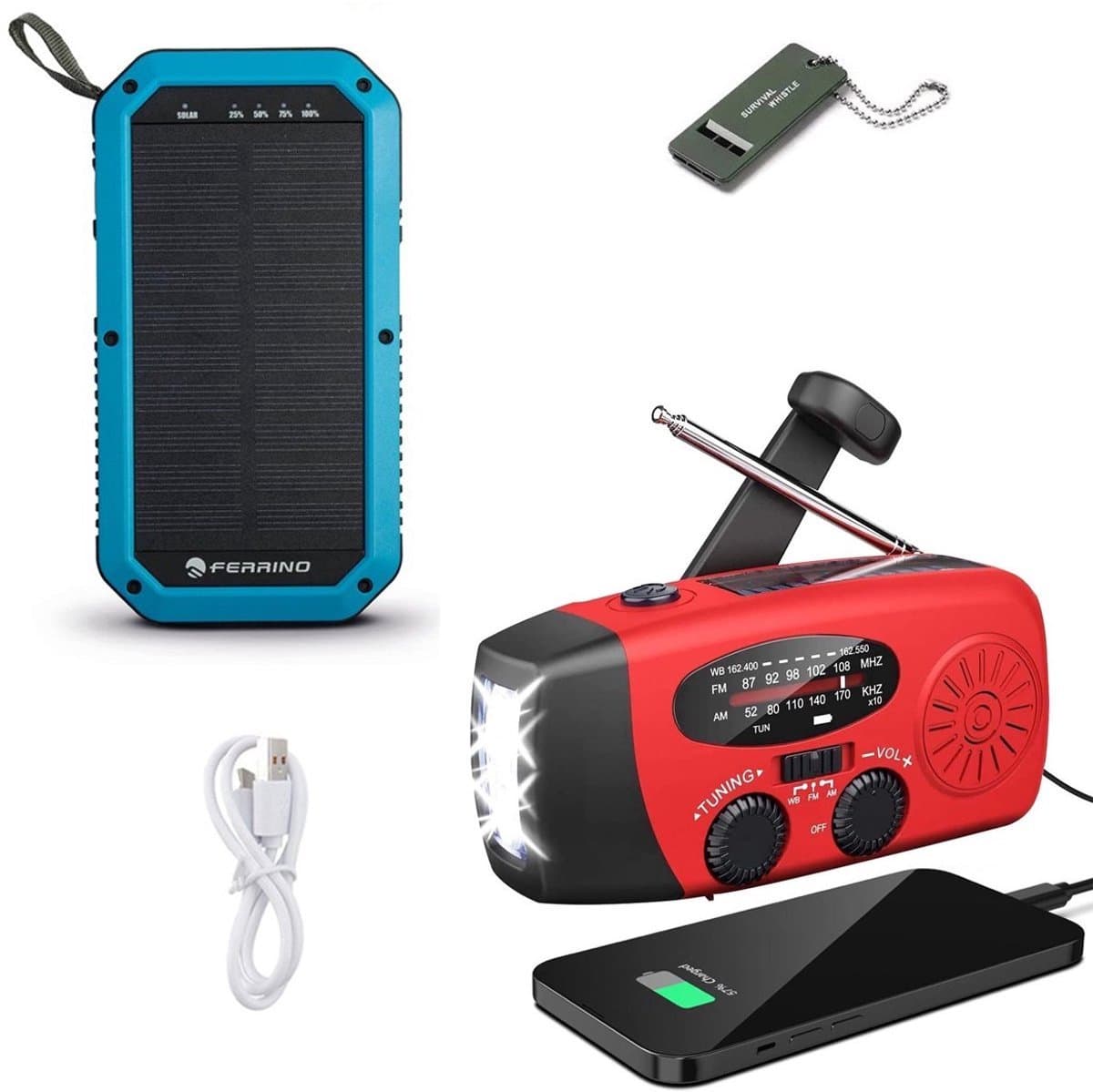 Noodradio Solar Opwindbaar en Batterij - Noodpakket - Draagbare Survival Radio - Inclusief 10.000 mAh Solar Powerbank en Noodfluit - Powerbank Zonneenergie - Bouwradio - Zaklamp - Rood — afbeelding 1