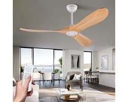 52-Inch Plafondventilator met 3 houten wieken en propellerontwerp - Geheugenfunctie - Afstandsbediening - Natuurlijke houtafwerking - Modern en geschikt voor binnen en buiten - Voor terras, woonkamer en slaapkamer