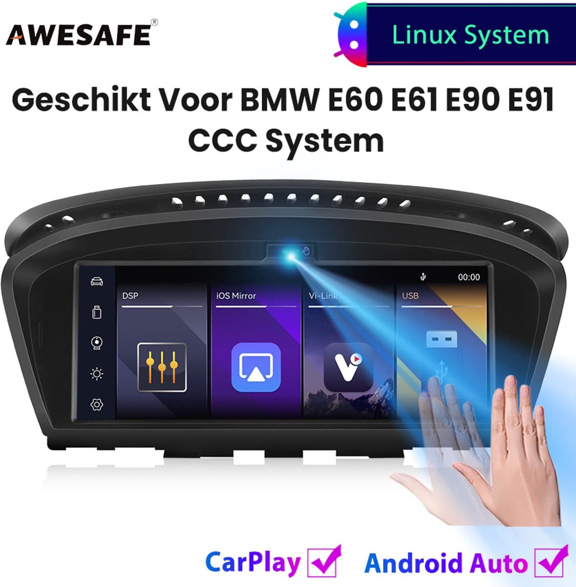 Awesafe 8.8'' Carplay Autoradio - Geschikt voor BMW E60 E61 E63 E64 E90 E91 E92 CCC Systeem 2004 t/m 2008 - GPS Navigatie - Draadloze Carplay Android Auto - Touchscreen - Bluetooth Radio - 2004 2005 2006 2007 2008 — afbeelding 1