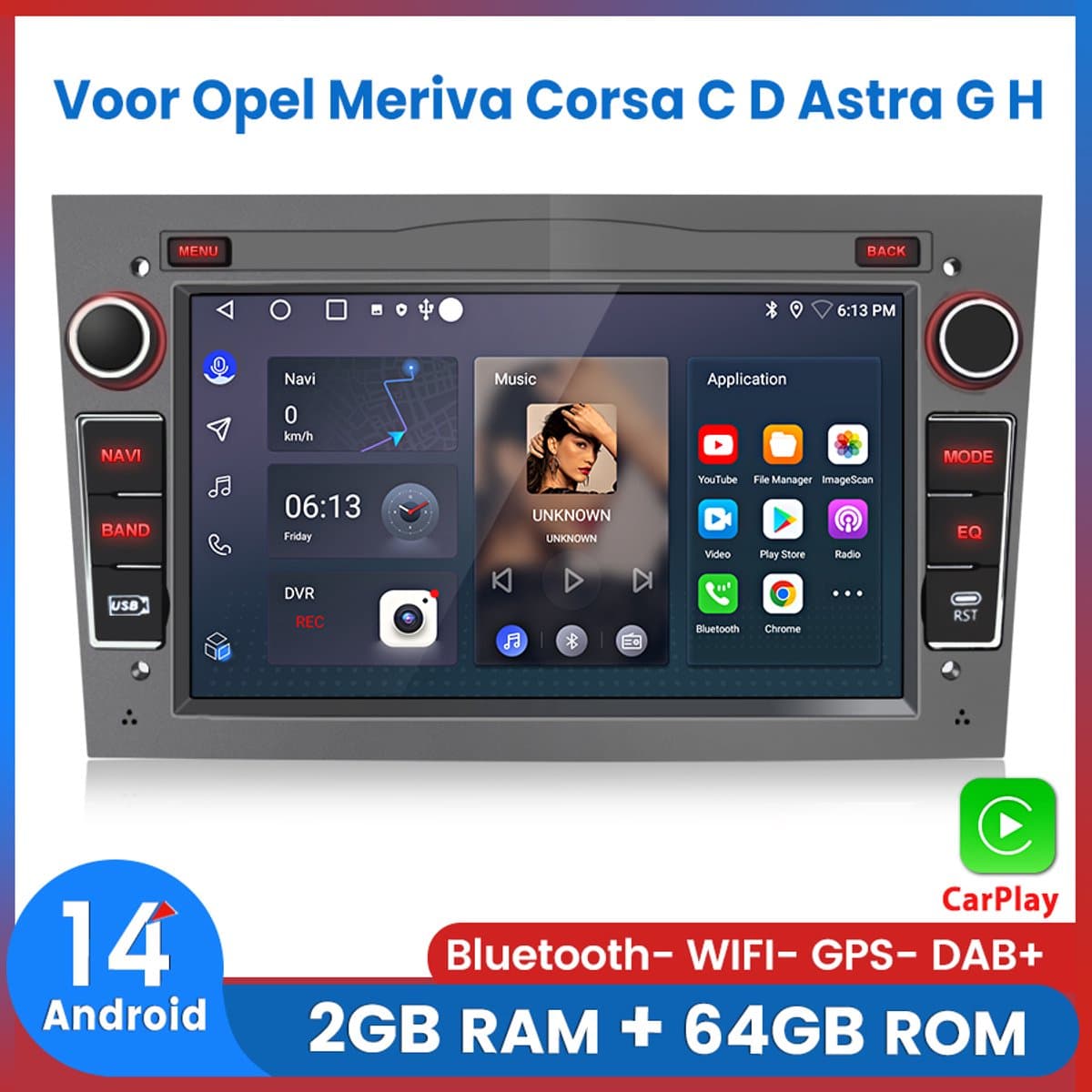 Awesafe Autoradio - Geschikt Voor Opel Meriva Corsa C D Astra G H - Draadloos Apple Carplay & Android Auto - Android 14 - Radio met navigatie - 7 inch HD touchscreen - Ram 2GB + Rom 64GB - Grijs — afbeelding 1