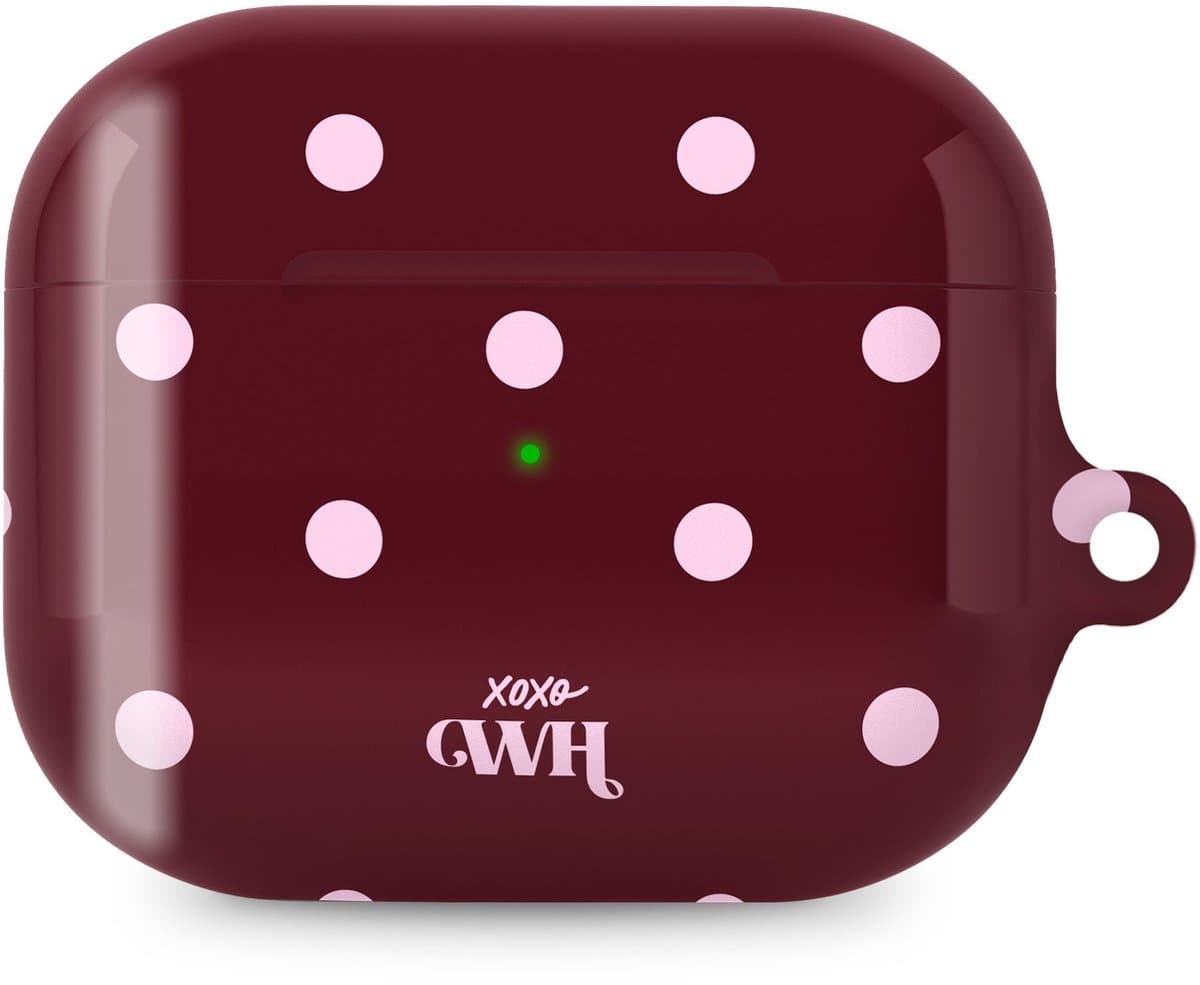 xoxo Wildhearts hoesje geschikt voor AirPods Pro 3 - Polka Dots (Burgundy) - Ook als telefoonhoesje verkrijgbaar - schokbestendige case - koptelefoonhoesje - Beschermhoes met stippenpatroon - Bordeauxrood met witte stippen — afbeelding 1