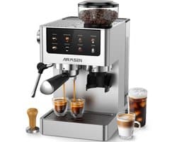 AIRMSEN Espressomachine - 20 Bar - Pistonmachine met Bonenmaler - Met Stoompijpje - Zilver