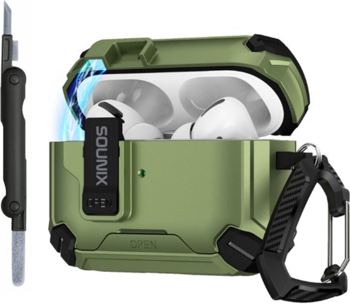 Sounix Hoesje geschikt voor Airpods Pro 1 / 2 - Met schoonmaak borstel - Airpods Pro Hoesje - Armor Case met Lock - Legergroen — afbeelding 1
