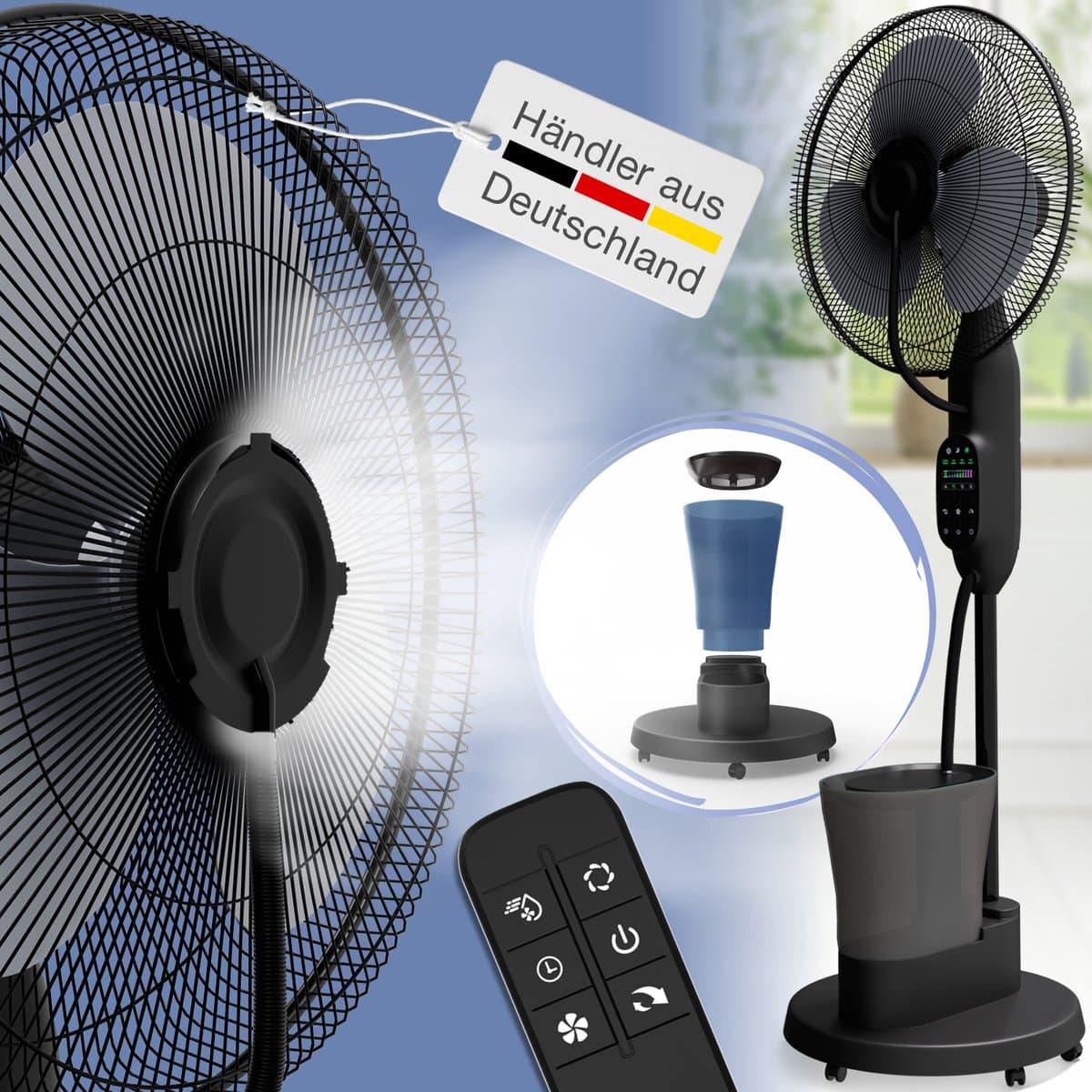 ELONEO Ventilator staand met Waternevel, Statiefventilator met Afstandsbediening en Mist, Water Fan, Zwart — afbeelding 1