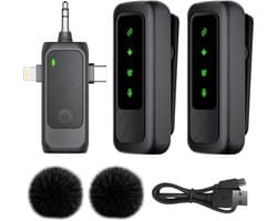 Nuvance Draadloze Microfoon - 2 Stuks - Microfoon Draadloos - Mini Dasspeld Microfoon - Lavalier - 3 in 1 - Incl. 2 Windshields