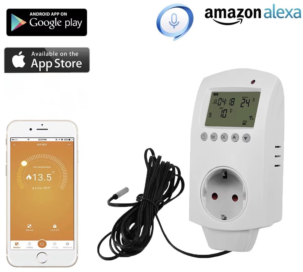 Thermostaat Stekker – Met externe sensor - WiFi Plugin – Stopcontact – Slimme Temperatuurregelaar – 16A – Werkt met Tuya, Alexa & Google Home - Energie besparen - Elektrische warmtebronnen — afbeelding 1