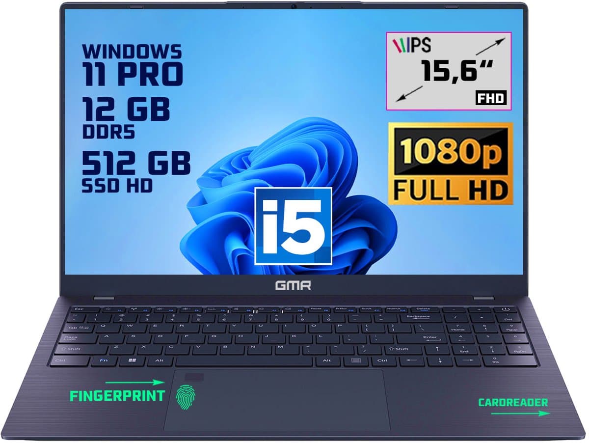 GMR | Elegante 15.6-inch Laptop voor Professionals | Intel i5 Processor - 12GB DDR5 RAM - 512GB M.2 SSD | Perfect voor Office & Zakelijk Gebruik (Windows 11 Pro) — afbeelding 1