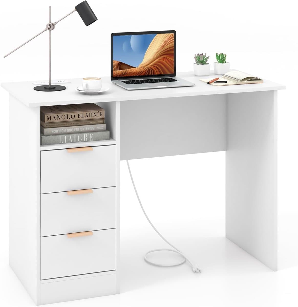 COSTWAY Bureau met 3 laden en laadstation, kleine computertafel, kinderbureau, moderne bureautafel, pc-tafel voor slaapkamer, werkkamer, kantoor, wit, 108 x 48 x 76 cm — afbeelding 1