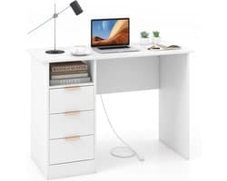 COSTWAY Bureau met 3 laden en laadstation, kleine computertafel, kinderbureau, moderne bureautafel, pc-tafel voor slaapkamer, werkkamer, kantoor, wit, 108 x 48 x 76 cm