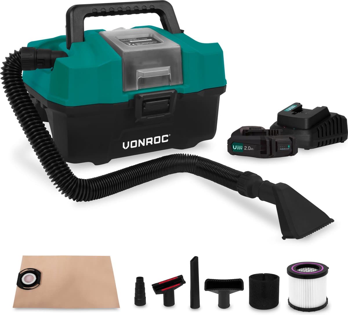 VONROC Compacte alleszuiger / stofzuiger - 20V - Incl. Diverse accessoires, 2x 2.0Ah accu en snellader — afbeelding 1