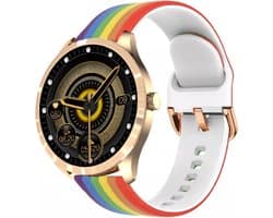 Belesy® BQSiRgRb PLUS - Smartwatch Dames – Smartwatch Heren - Horloge - 1.28 inch - Kleurenscherm - Stappenteller - Bloeddruk - Hartslag - 75+ Wijzerplaten – Sporten – Rose Goud - Siliconen - Regenboog - Kerstcadeau