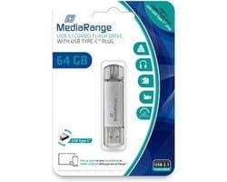 MediaRange USB Stick 64GB | Combo USB 3.2 Gen 1 met USB-A en USB Type-C | Zilver