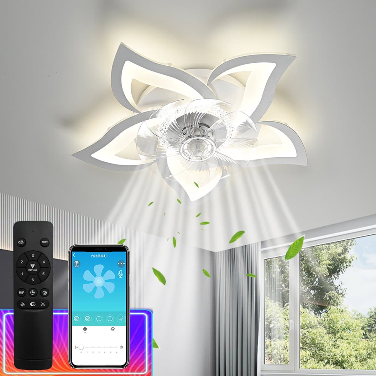 5 Sterren Plafondlamp Met Ventilator - Met Afstandsbediening - Smart lamp - Dimbaar Met App - 3 Standen Ventilator - Woonkamerlamp - Moderne lamp - Plafoniere — afbeelding 1