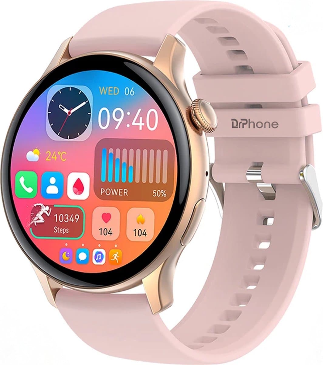 DrPhone DTX Ultra2 – 1.43” AMOLED Smartwatch – Always-On Display – Belfunctie – Hartslag-, Bloeddruk- & Zuurstofmeter – Smartwatch met App – Rosegoud/Goud — afbeelding 1