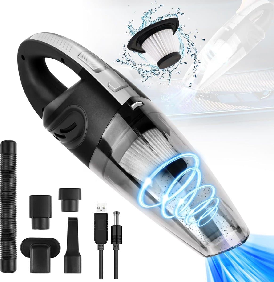 120W Handstofzuiger Voor Auto - Draagbare Stofzuiger met HEPA Filter - USB Oplaadbaar - Nat & Droog Stofzuigers - 5 Accessoires marterverjager auto — afbeelding 1