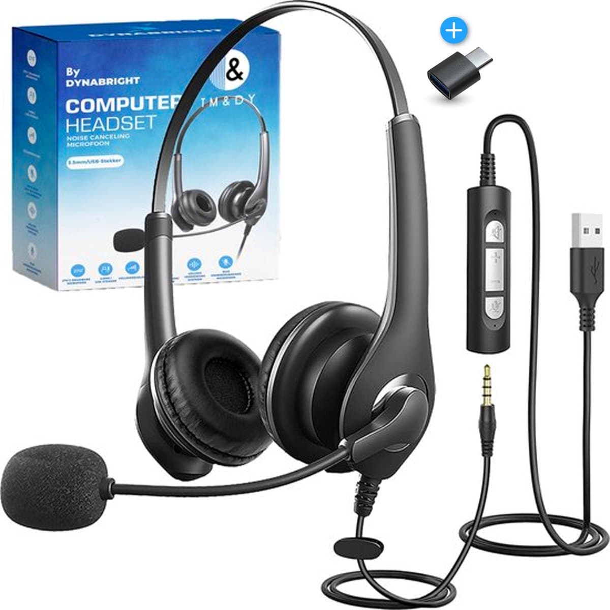 DynaBright Headset met Microfoon - Computer Headset - Koptelefoon met Microfoon - Headset - Laptop - Koptelefoon - 3.5mm - USB/USB-C — afbeelding 1