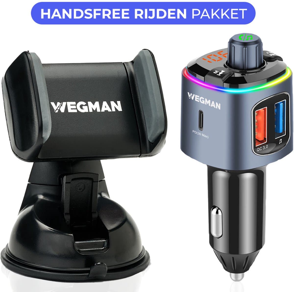 Wegman Bluetooth FM Transmitter + Telefoonhouder Auto met Zuignap voor Dashboard en Raam - Handsfree Bellen Auto Carkit - 30W USB-C Autolader - Auto Accessories - Compleet Pakket — afbeelding 1